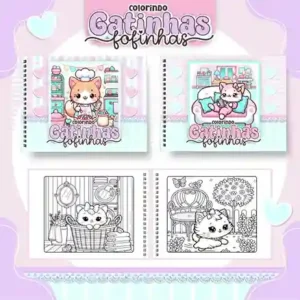 Livro de colorir e pintar Gatinhas para imprimir em caderno digital com capa em PNG e miolo em PDF