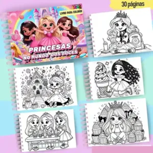 Livro de colorir e pintar Princesas para imprimir em caderno digital com capa em PNG e miolo em PDF