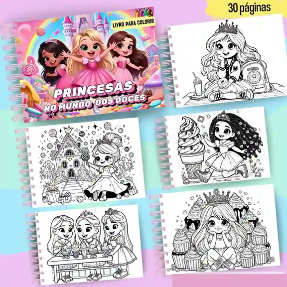 Livro de colorir e pintar Princesas para imprimir em caderno digital com capa em PNG e miolo em PDF