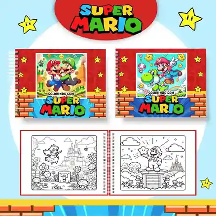 Livro de colorir e pintar Super Mario para imprimir em caderno digital com capa em PNG e miolo em PDF