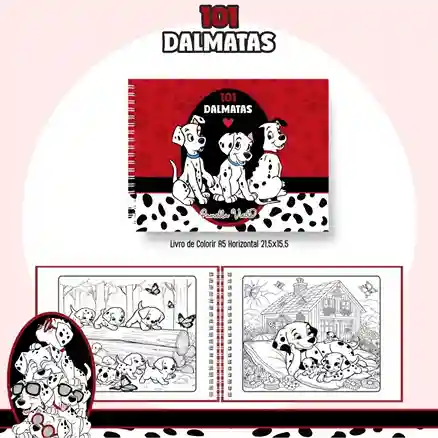 Livro de colorir e pintar 101 Dálmatas em arquivo digital com miolo em PDF e capa em PNG para imprimir.