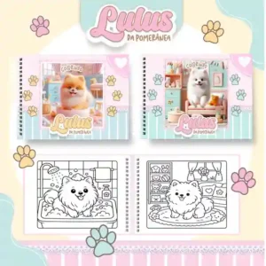 Livro de colorir e pintar Cachorro Lulu da Pomerânia para imprimir em caderno digital com capa em PNG e miolo em PDF