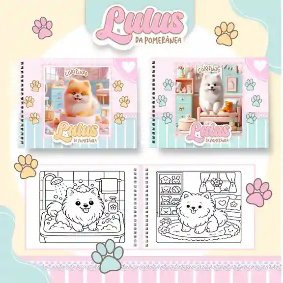 Livro de colorir e pintar Cachorro Lulu da Pomerânia para imprimir em caderno digital com capa em PNG e miolo em PDF