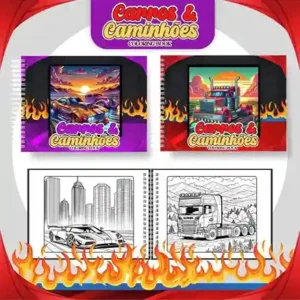 Livro de colorir e pintar Carros e Caminhões para imprimir em caderno digital com capa em PNG e miolo em PDF