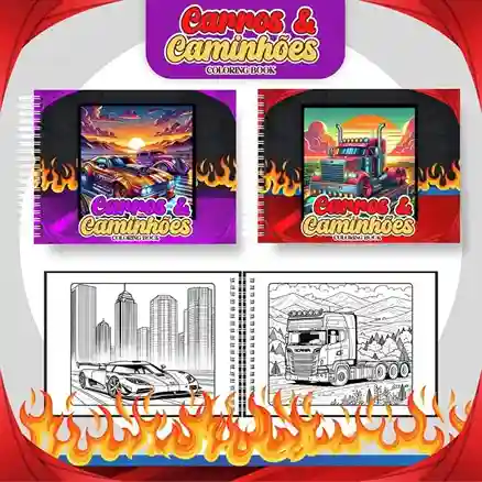 Livro de colorir e pintar Carros e Caminhões para imprimir em caderno digital com capa em PNG e miolo em PDF