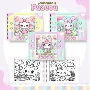 Livro de colorir e pintar Coelho de Páscoa para imprimir em caderno digital com capa em PNG e miolo em PDF