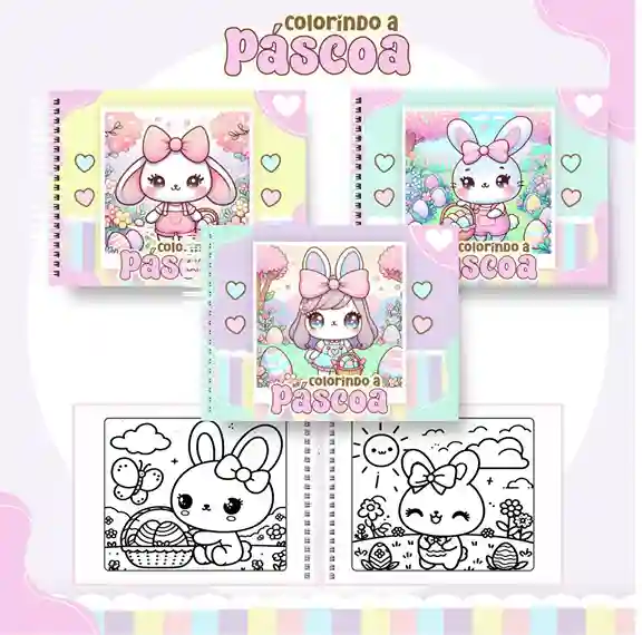 Livro de colorir e pintar Coelho de Páscoa para imprimir em caderno digital com capa em PNG e miolo em PDF