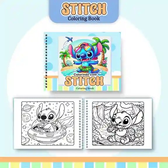 Livro de colorir digital Stitch para imprimir e pintar com capa em PNG e miolo em PDF