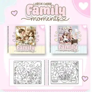 Livro de colorir e pintar Family Moments para imprimir em caderno digital com capa em PNG e miolo em PDF