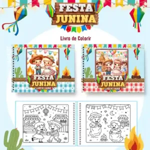 Livro de colorir e pintar Festa Junina para imprimir em caderno digital com capa em PNG e miolo em PDF