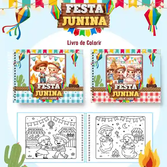 Livro de colorir e pintar Festa Junina para imprimir em caderno digital com capa em PNG e miolo em PDF