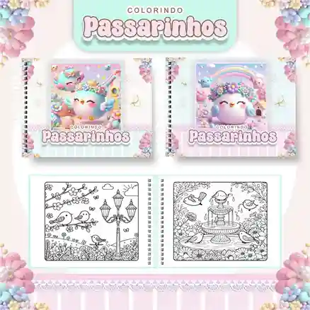 Livro de colorir e pintar Jardim dos Passaros para imprimir em caderno digital com capa em PNG e miolo em PDF