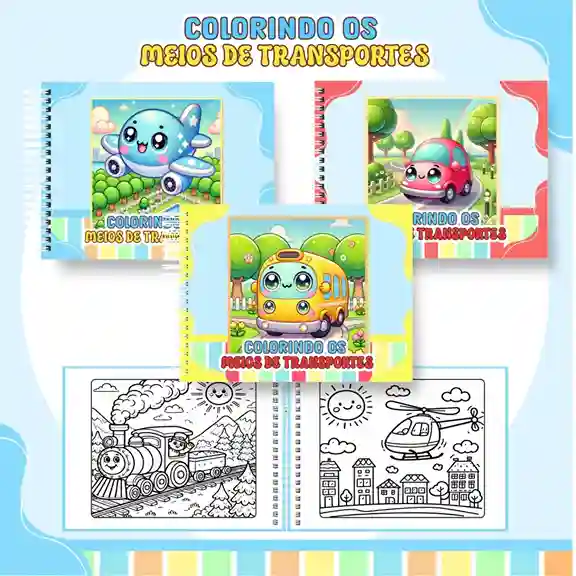 Livro de colorir e pintar Meios de Transportes para imprimir em caderno digital com capa em PNG e miolo em PDF