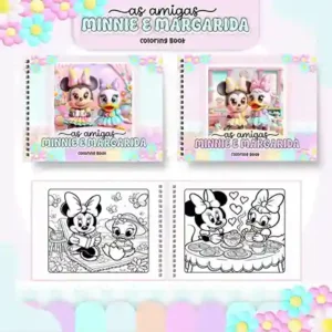 Livro de colorir e pintar Minnie e Margarida para imprimir em caderno digital com capa em PNG e miolo em PDF
