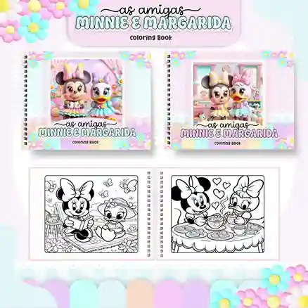 Livro de colorir e pintar Minnie e Margarida para imprimir em caderno digital com capa em PNG e miolo em PDF
