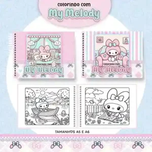 Livro de colorir e pintar My Melody para imprimir em caderno digital com capa em PNG e miolo em PDF