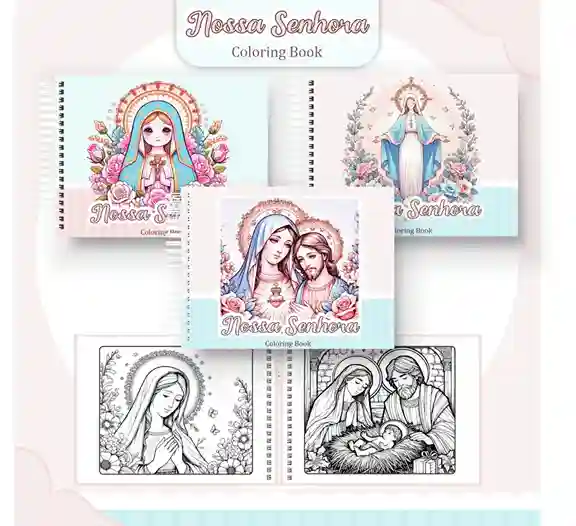 Livro de colorir e pintar Nossa Senhora para imprimir em caderno digital com capa em PNG e miolo em PDF