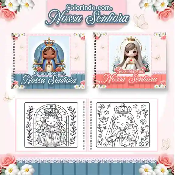 Livro de colorir e pintar Nossa Senhora personalizada para imprimir em caderno digital com capa em PNG e miolo em PDF