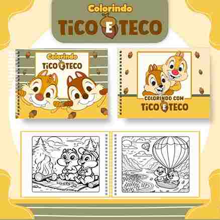 Livro de colorir e pintar Tico e Teco para imprimir em caderno digital com capa em PNG e miolo em PDF