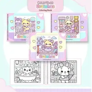 Livro de colorir e pintar Ursinhas Kawaii para imprimir em caderno digital com capa em PNG e miolo em PDF