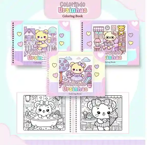 Livro de colorir e pintar Ursinhas Kawaii para imprimir em caderno digital com capa em PNG e miolo em PDF