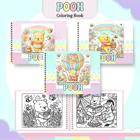 Livro de colorir e pintar Ursinho Pooh para imprimir em caderno digital com capa em PNG e miolo em PDF