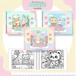 Livro de colorir e pintar Bosque Encantado para imprimir em caderno digital com capa em PNG e miolo em PDF