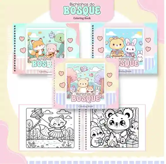 Livro de colorir e pintar Bosque Encantado para imprimir em caderno digital com capa em PNG e miolo em PDF