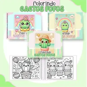 Livro de colorir e pintar Cacto para imprimir em caderno digital com capa em PNG e miolo em PDF