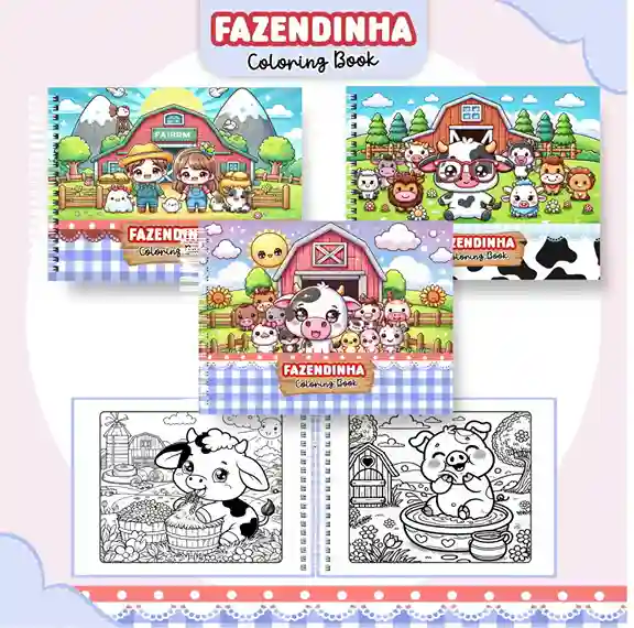 Livro de colorir e pintar Fazendinha para imprimir em caderno digital com capa em PNG e miolo em PDF