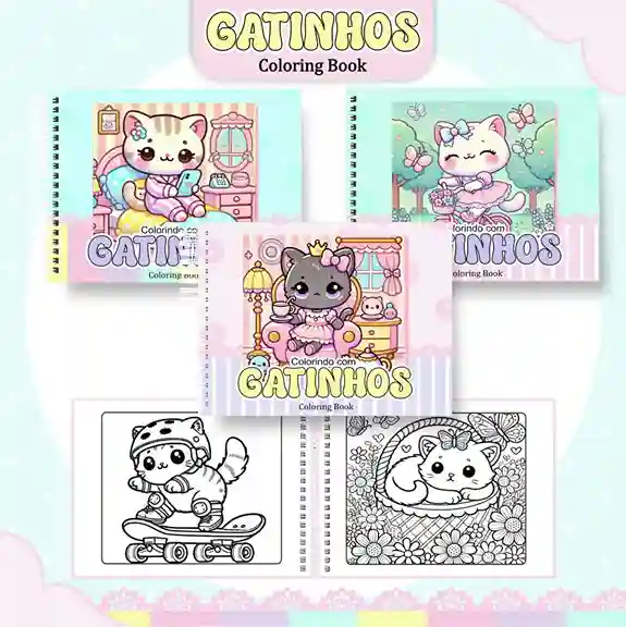 Livro de colorir e pintar Gatinhos para imprimir em caderno digital com capa em PNG e miolo em PDF