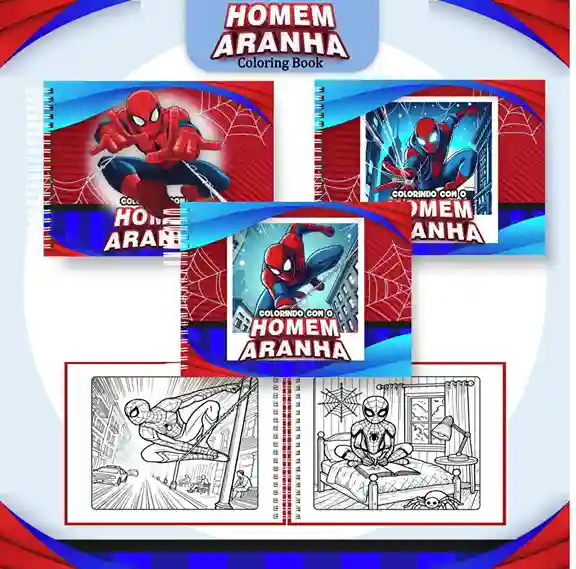 Livro de colorir e pintar Homem Aranha para imprimir em caderno digital com capa em PNG e miolo em PDF