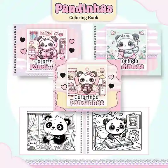 Livro de colorir e pintar Panda para imprimir em caderno digital com capa em PNG e miolo em PDF