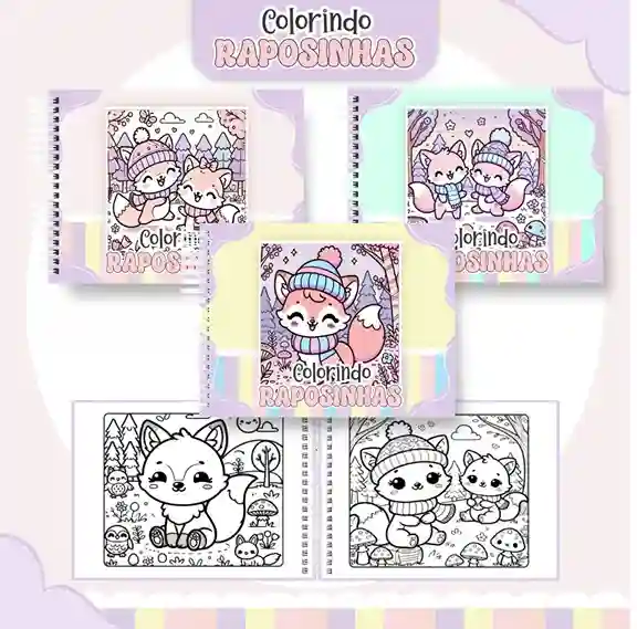 Livro de colorir e pintar Raposinhas para imprimir em caderno digital com capa em PNG e miolo em PDF