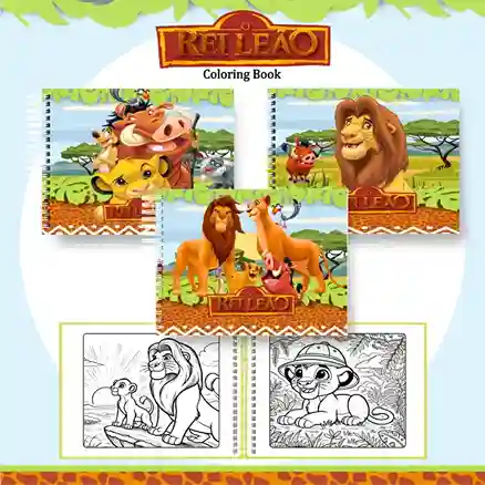 Livro de colorir e pintar Rei Leão para imprimir em caderno digital com capa em PNG e miolo em PDF