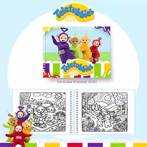 Livro de colorir e pintar Teletubbies para imprimir em caderno digital com capa em PNG e miolo em PDF