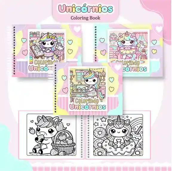 Livro de colorir e pintar Unicórnio para imprimir em caderno digital com capa em PNG e miolo em PDF