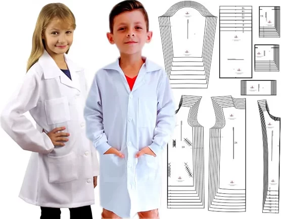 Molde de costura jaleco infantil para imprimir em PDF moldes de roupa infantil formato A4 e gráfica