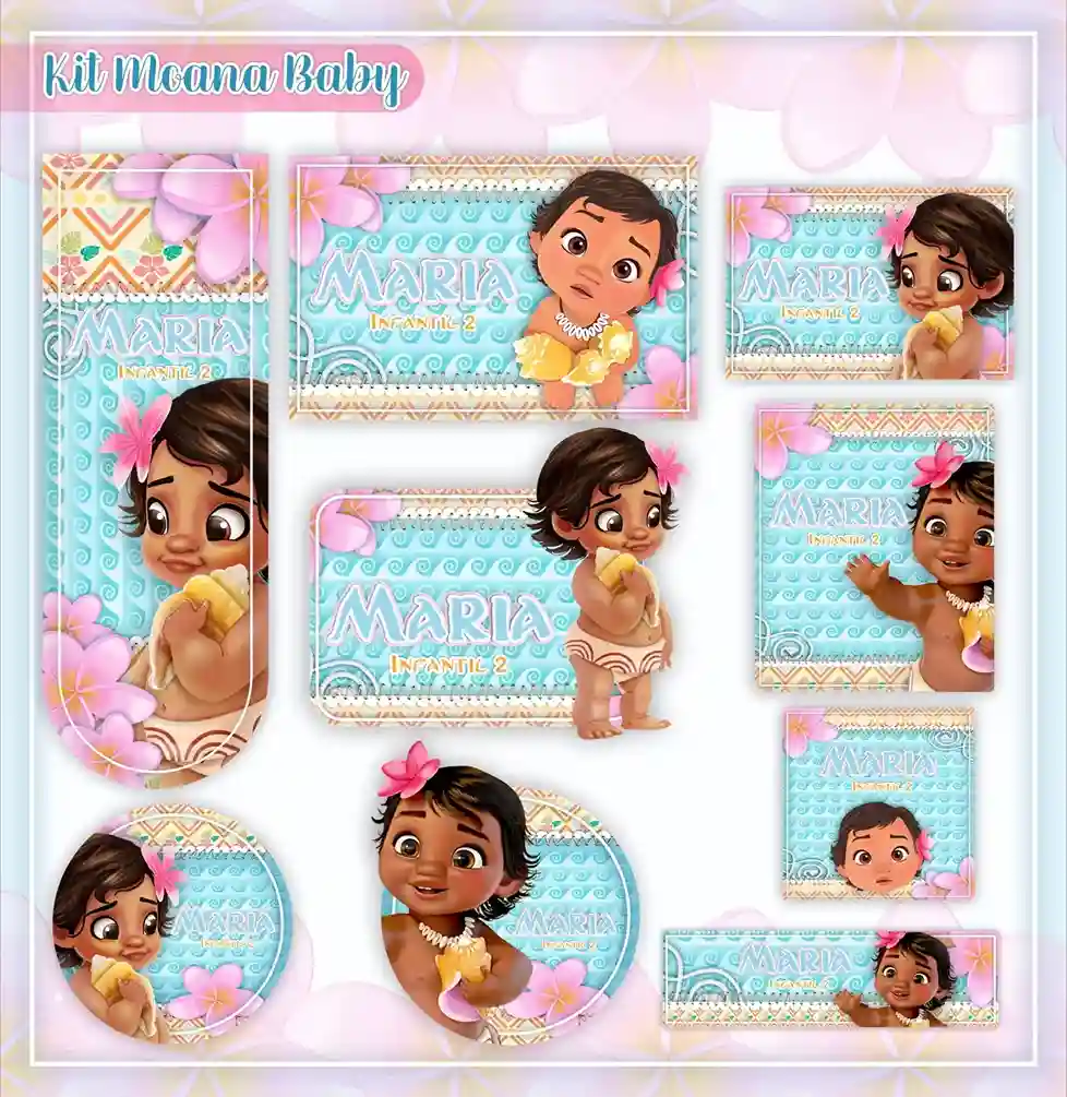 Kit de etiqueta escolar volta às aulas no tema Moana Baby em alta resolução para cadernos, livros e papéis.