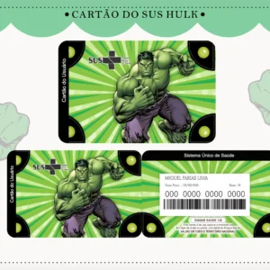 Cartão do SUS digital personalizado Hulk para imprimir com arte frente e verso em PNG e PDF