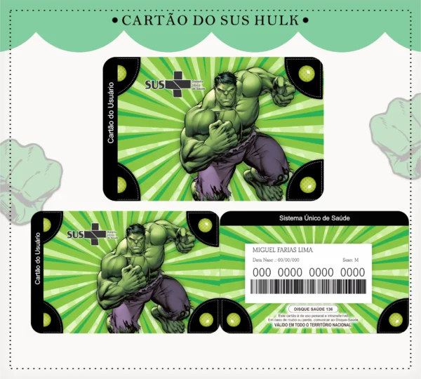 Cartão do SUS digital personalizado Hulk para imprimir com arte frente e verso em PNG e PDF