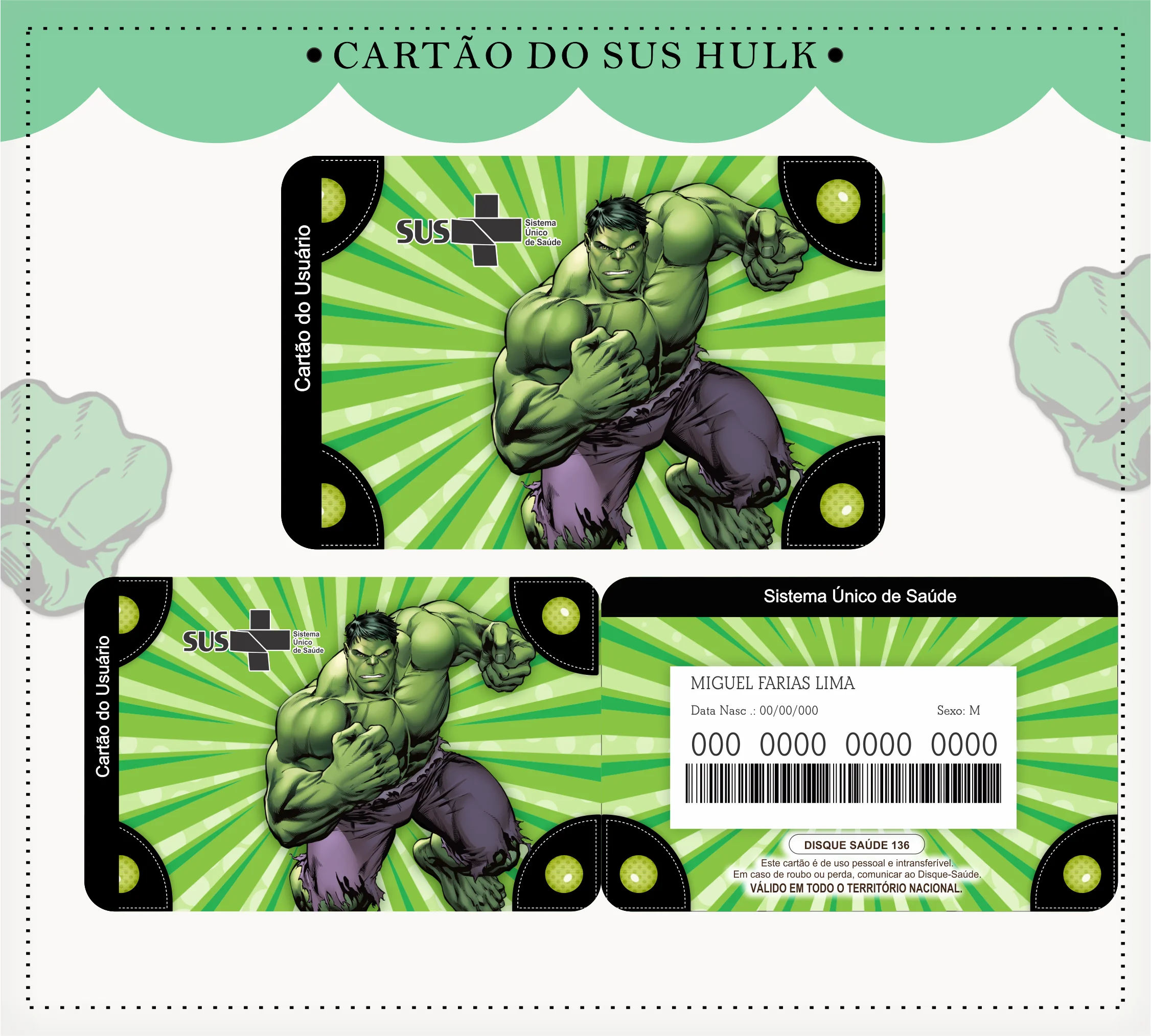 Cartão do SUS digital personalizado Hulk para imprimir com arte frente e verso em PNG e PDF