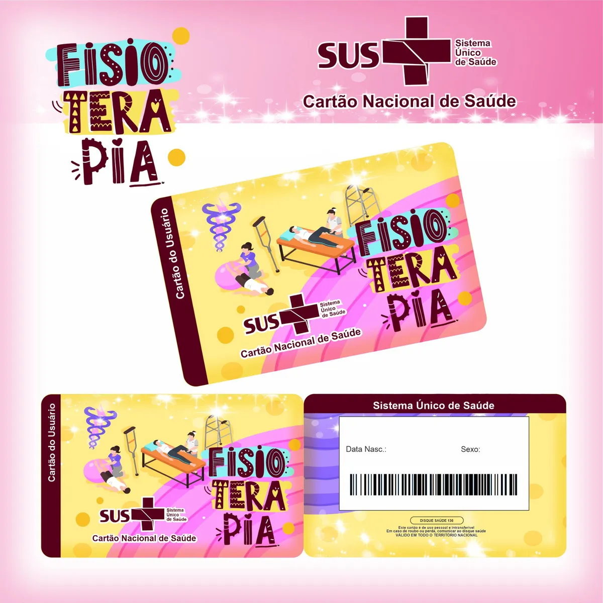 Cartão do SUS digital personalizado Fisioterapia para imprimir com arte frente e verso em PNG e PDF