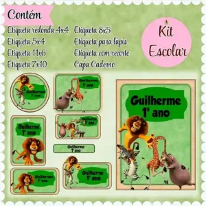 Kit etiqueta escolar personalizada Madagascar em adesivo para caderno e lápis para imprimir e editar