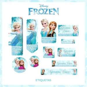 Etiqueta escolar personalizada Elsa e Anna em adesivo para caderno e lápis para imprimir e editar