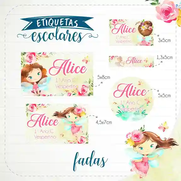 Etiqueta escolar personalizada tema fadas em adesivo para caderno e lápis para imprimir e editar