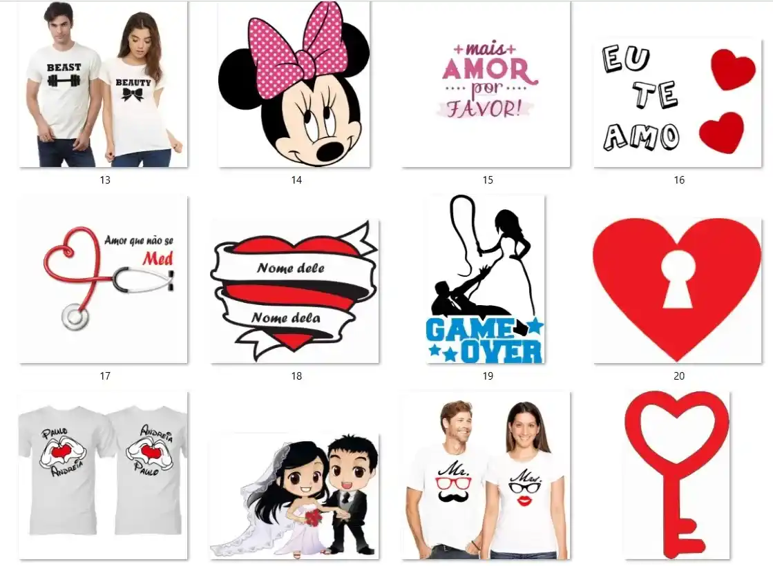 Pacote 100 artes para sublimacao camiseta dia dos namorados arquivo digital para personalizar vestuario e mimos romanticos