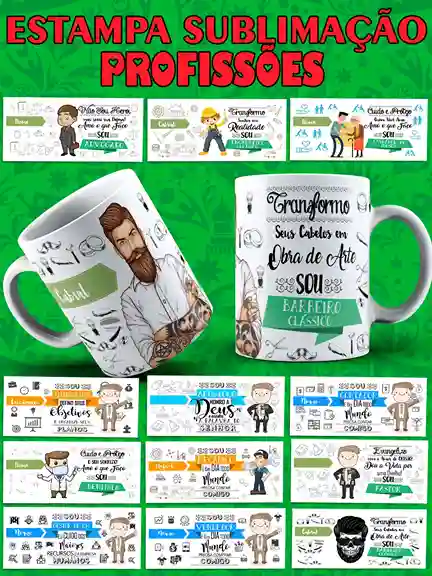 250 estampas tema profissoes para canecas sublimacao arte digital editavel para personalizar canecas de ceramica e brindes