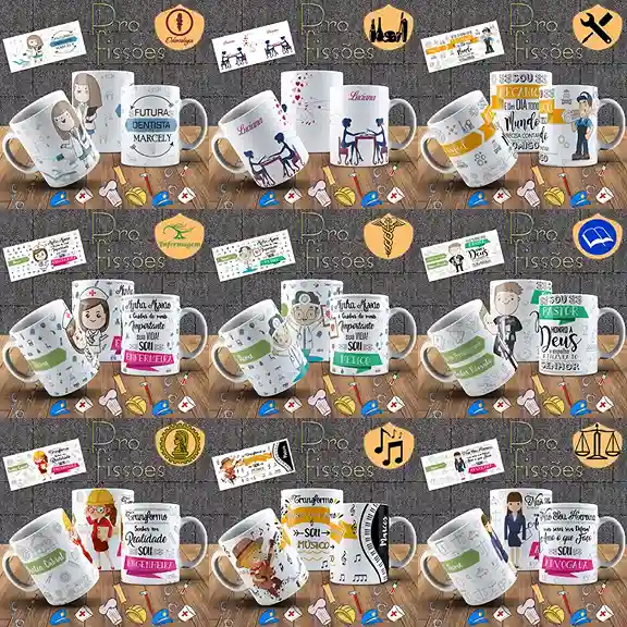 Kit 250 artes editaveis canecas profissoes para sublimacao artes digitais para estamparia e presentes personalizados