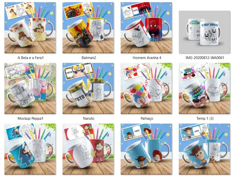 Kit 40 estampas png caneca infantil colorir dia das criancas artes para imprimir e personalizar produtos em sublimacao